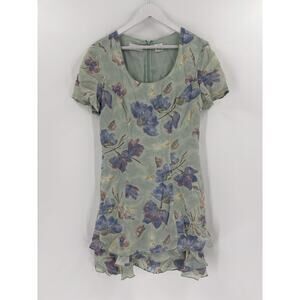 Liz Claiborne Vintage Dress Womens 8 Green Blue Floral Short 90s Scoop Neck